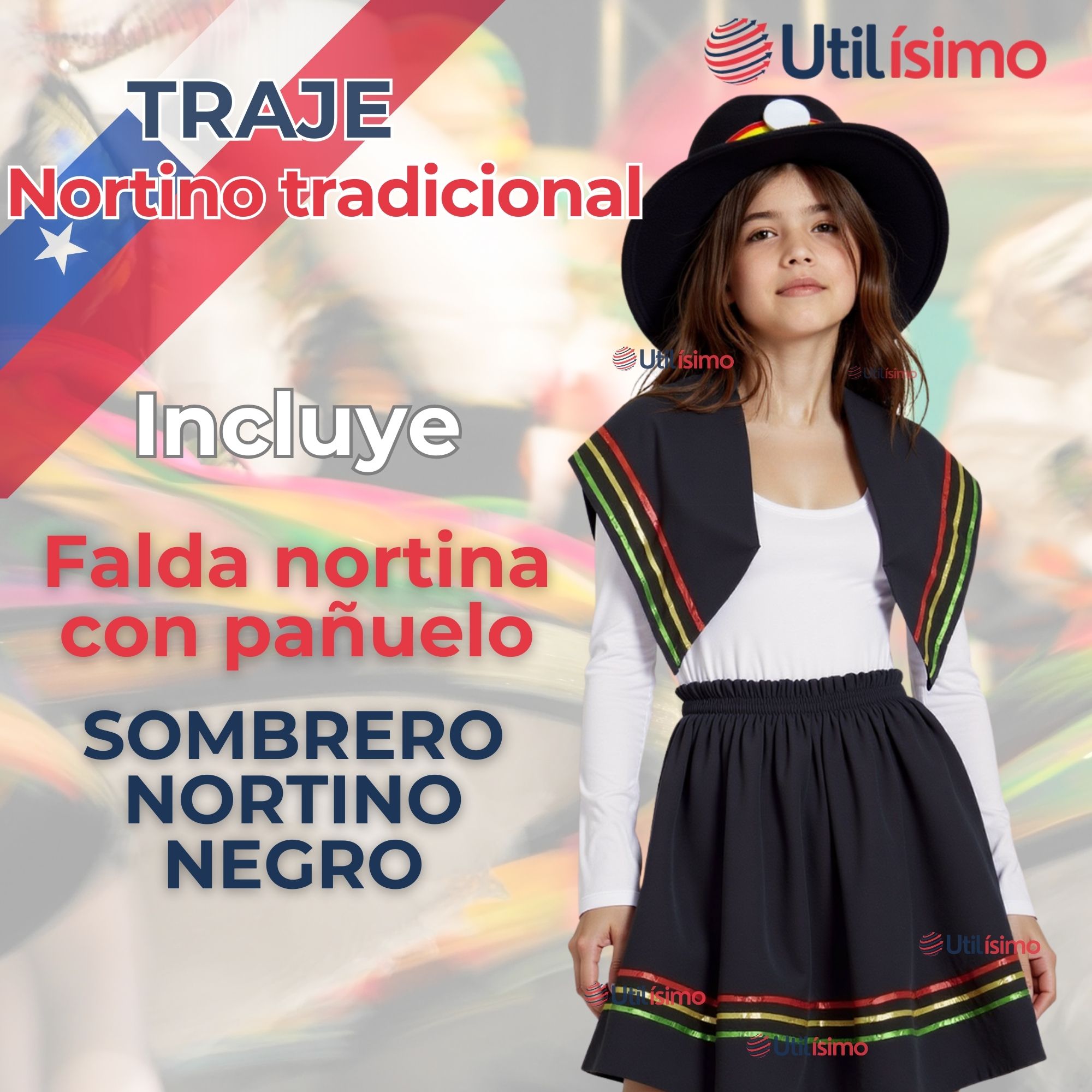 PACK 6 TRAJE NORTINO NIÑA 3 PIEZAS + POLERA BLANCA FIESTAS PATRIAS BAILE NORTINO - 6