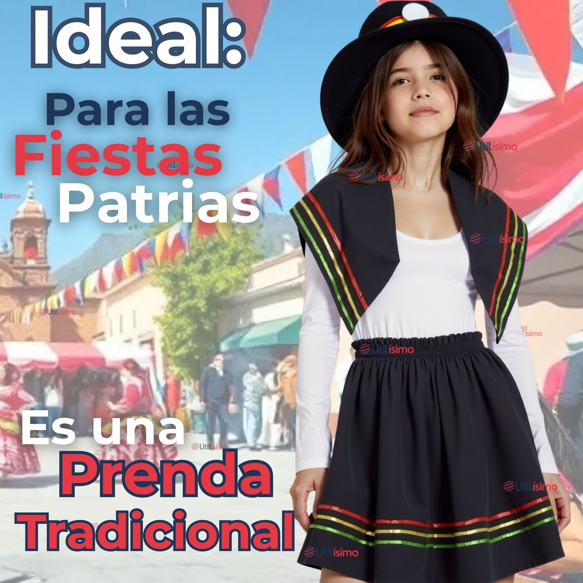 PACK 6 TRAJE NORTINO NIÑA 3 PIEZAS + POLERA BLANCA FIESTAS PATRIAS BAILE NORTINO - 8