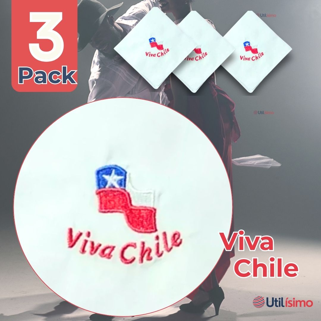 PACK 3 PAÑUELOS BAILE CUECA 36 CM BORDADO VIVA CHILE FIESTAS PATRIAS - 2