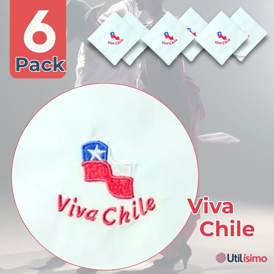 PACK 6 PAÑUELOS BLANCOS BORDADO VIVA CHILE BAILE CUECA 36CM - 2