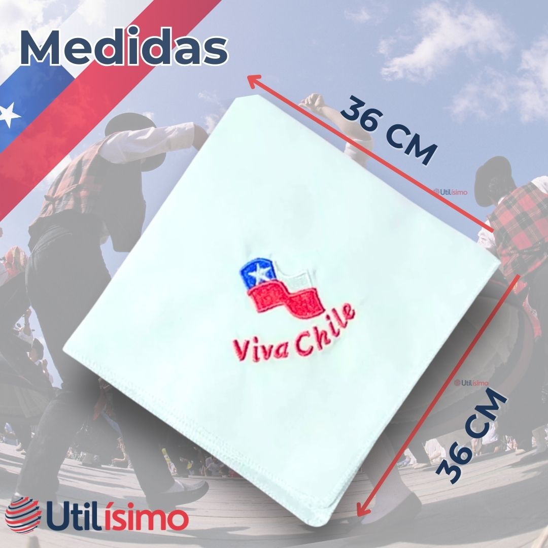 PACK 6 PAÑUELOS BLANCOS BORDADO VIVA CHILE BAILE CUECA 36CM - 3