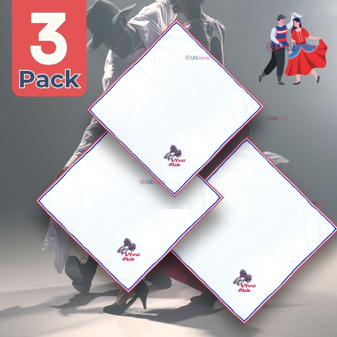 PACK 3 PAÑUELOS BAILE CUECA 45CM BORDADO ESPUELAS FIESTAS PATRIAS - 1