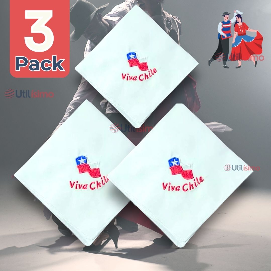 PACK 3 PAÑUELOS BAILE CUECA 45CM BORDADO VIVA CHILE FIESTAS PATRIAS - 1