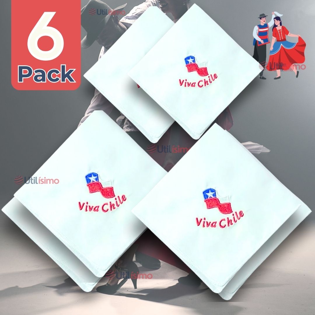 PACK 6 PAÑUELOS BAILE CUECA 45CM BORDADO VIVA CHILE FIESTAS PATRIAS - 1