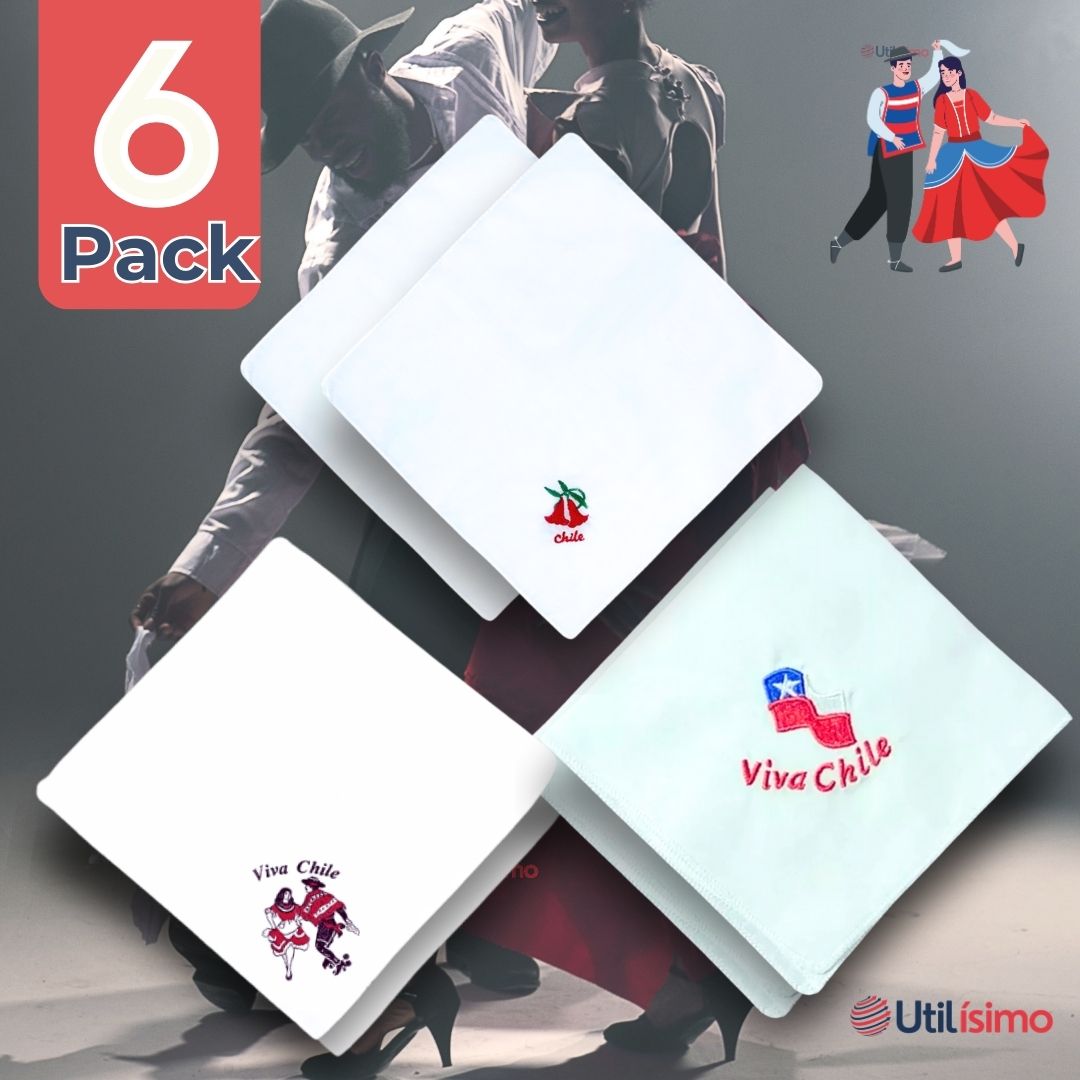 PACK 6 PAÑUELOS BAILE CUECA 36 CM BORDADOS FIESTAS PATRIAS SURTIDOS - 1