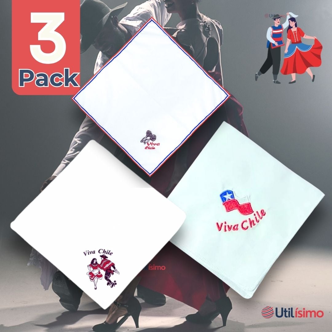 PACK 3 PAÑUELOS BAILE CUECA 45 CM BORDADOS FIESTAS PATRIAS SURTIDOS - 1