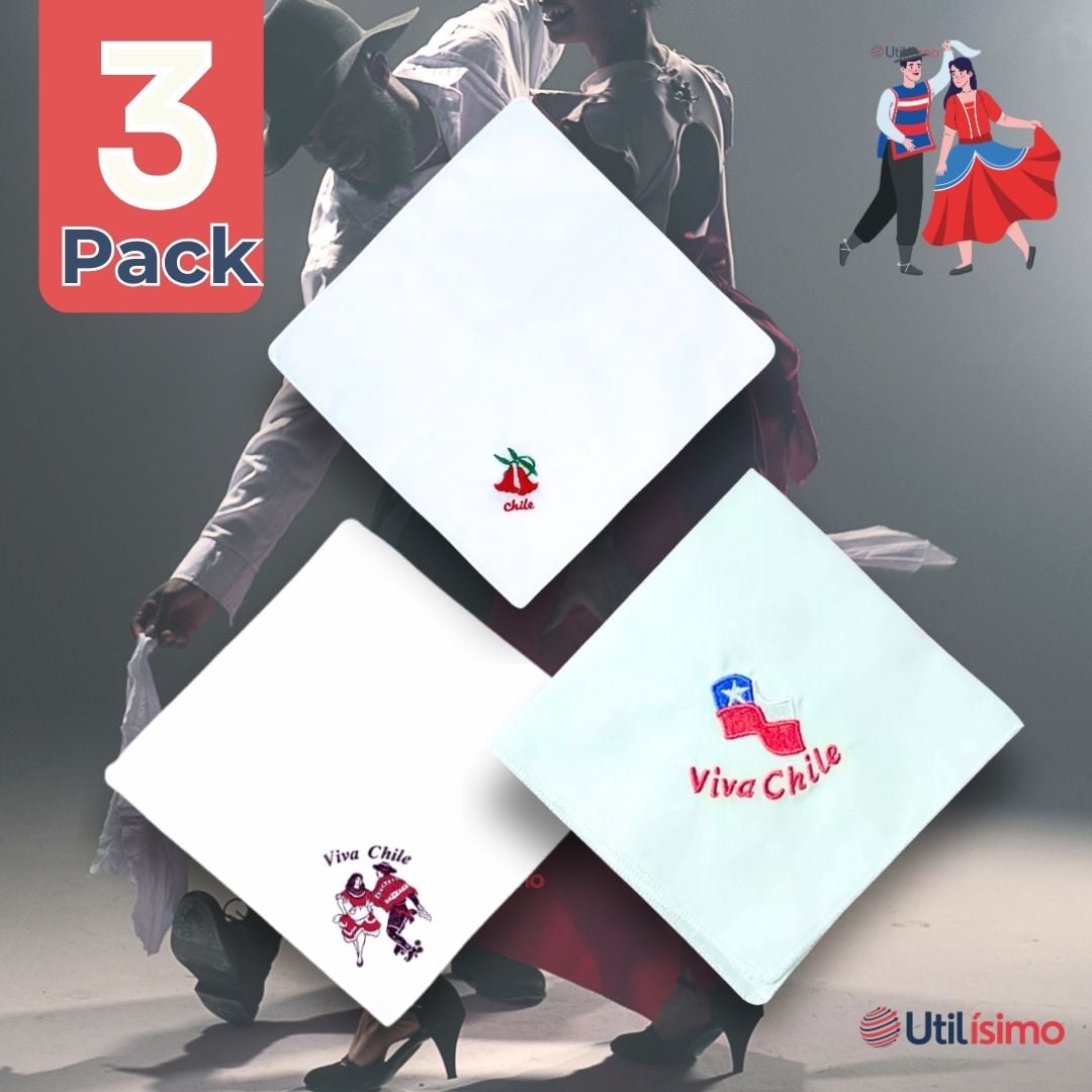 PACK 3 PAÑUELO BAILE CUECA 36CM BORDADOS FIESTAS PATRIAS SURTIDOS - 1