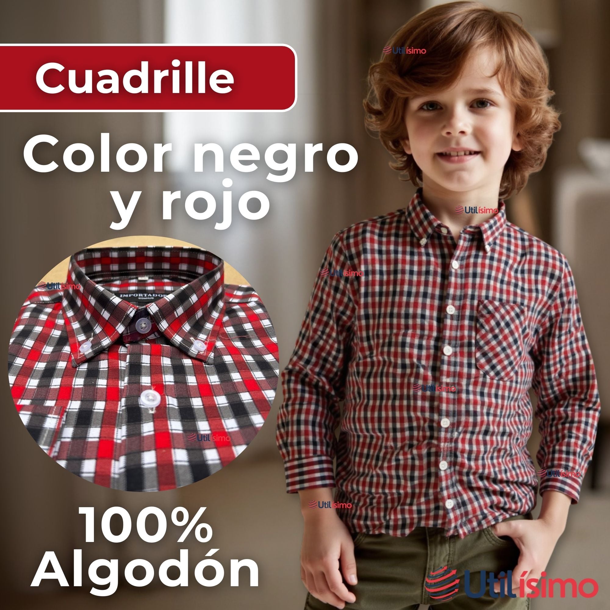 CAMISA HUASO CUADRILLE CUADRO MANGA LARGA 100% ALGODON NEGRO ROJO CASUAL - 3