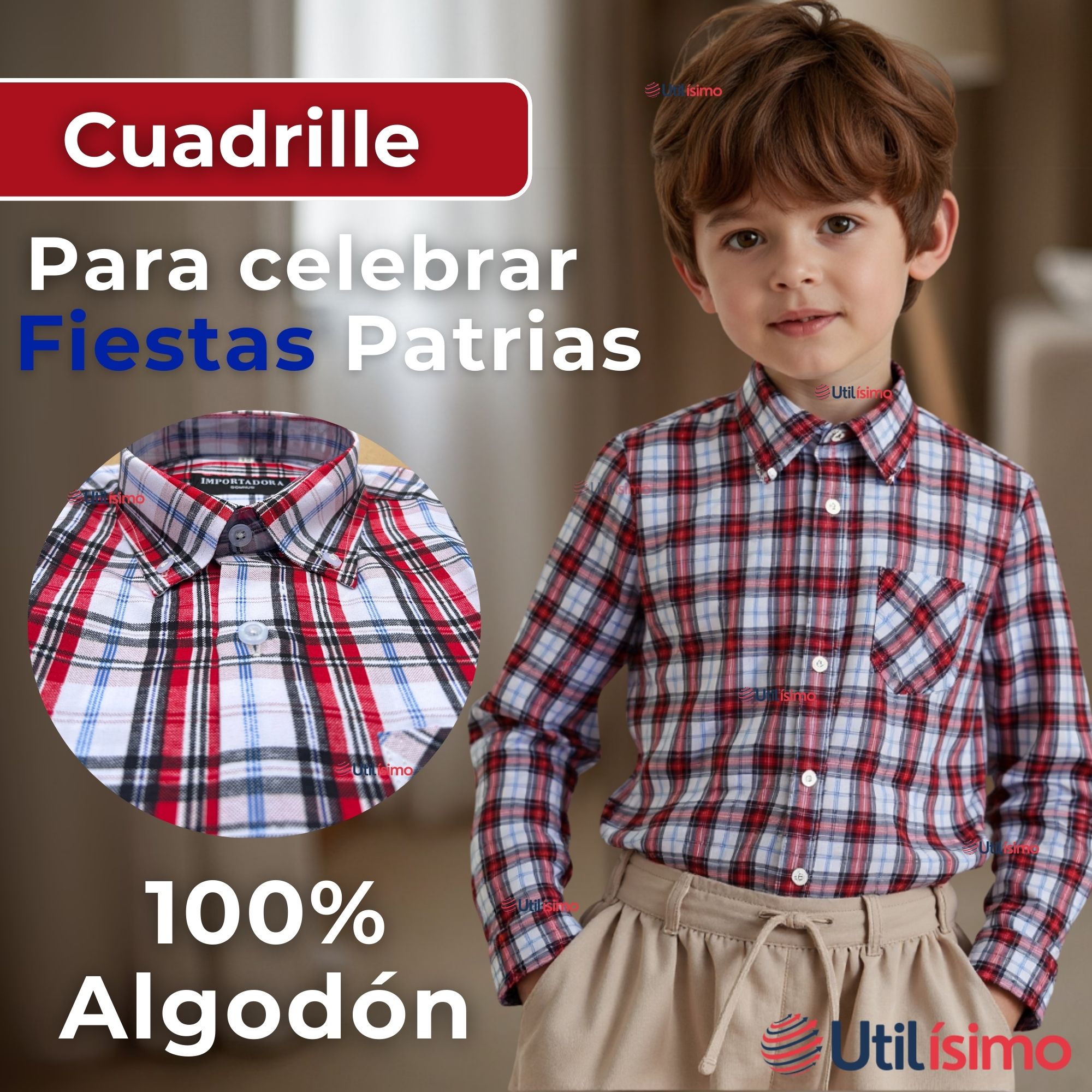 CAMISA HUASO CUADRILLE CUADRO MANGA LARGA 100% ALGODON AZUL BLANCO CASUAL - 3