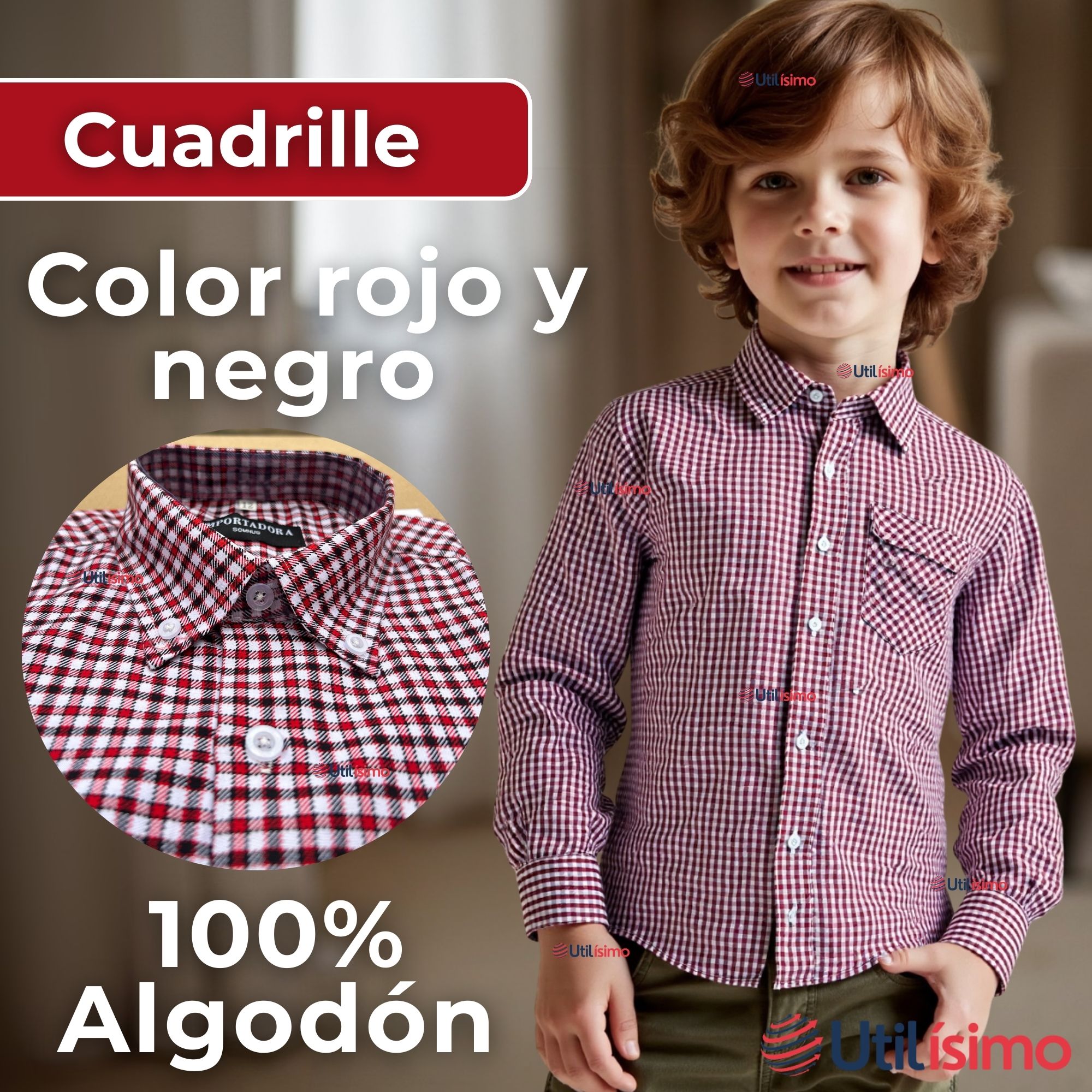 CAMISA HUASO CUADRILLE CUADRO MANGA LARGA 100% ALGODON ROJO NEGRO CASUAL - 3