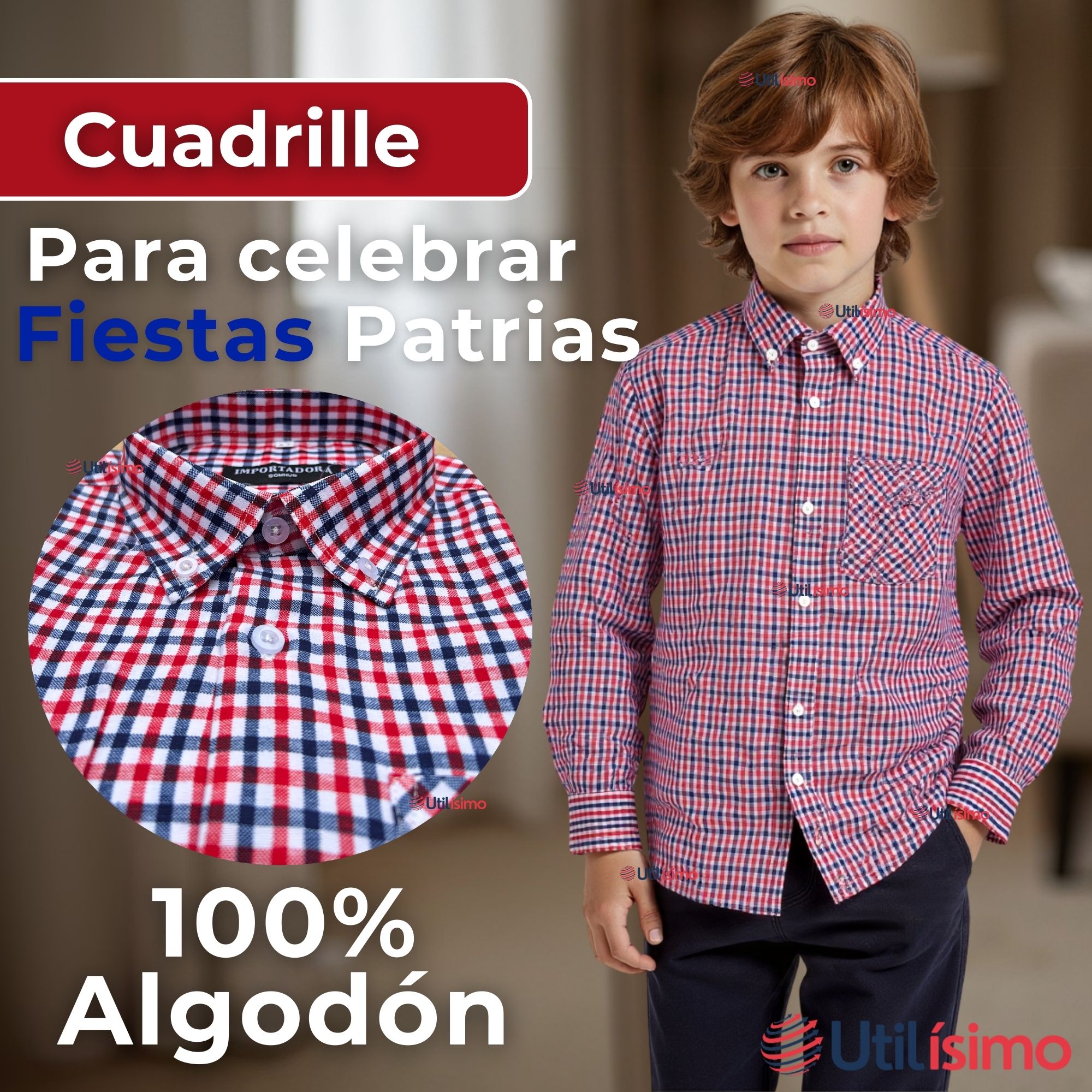 CAMISA HUASO CUADRILLE CUADRO MANGA LARGA 100% ALGODON AZUL ROJO CASUAL - 3