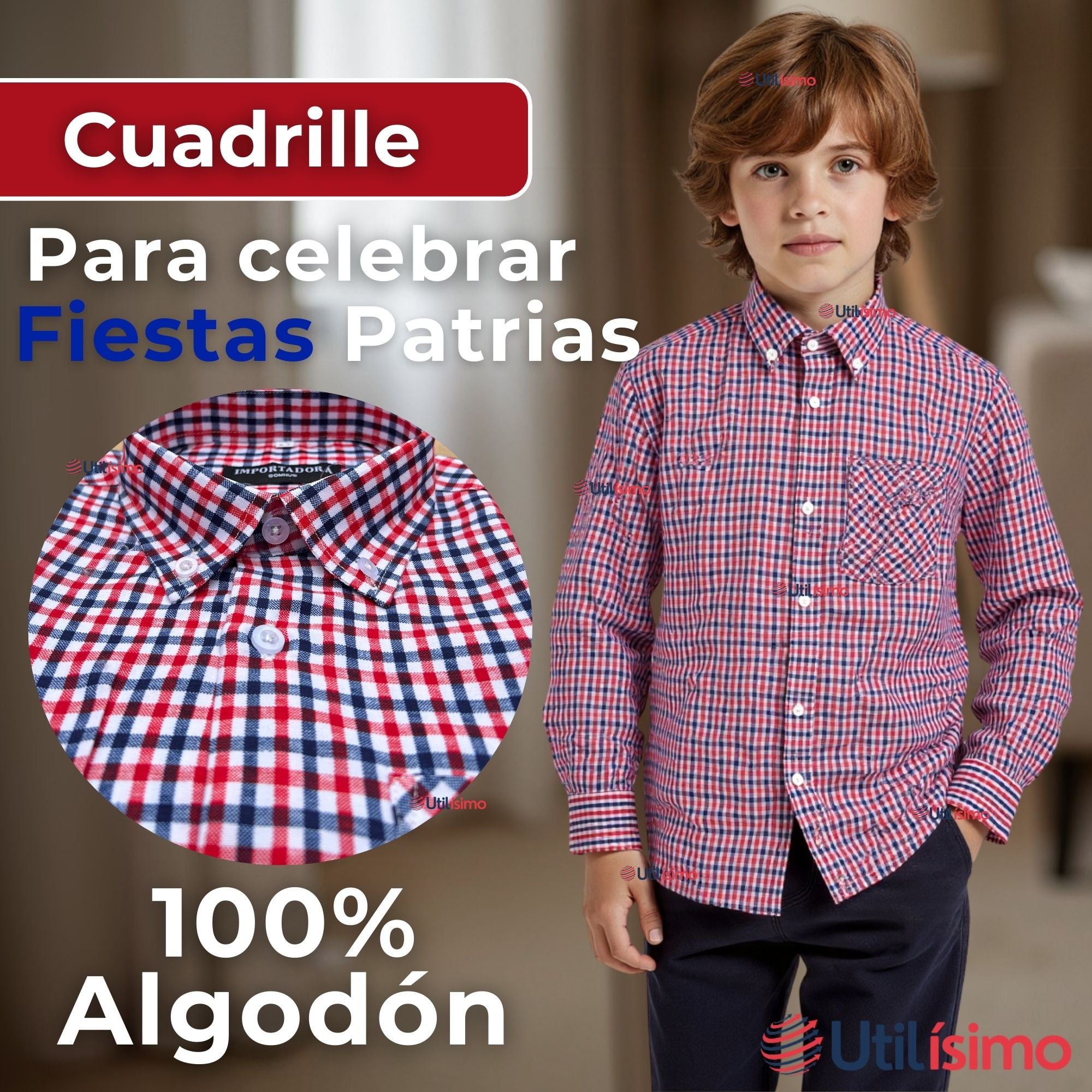 CAMISA HUASO CUADRILLE CUADRO MANGA LARGA 100% ALGODON AZUL ROJO - 3