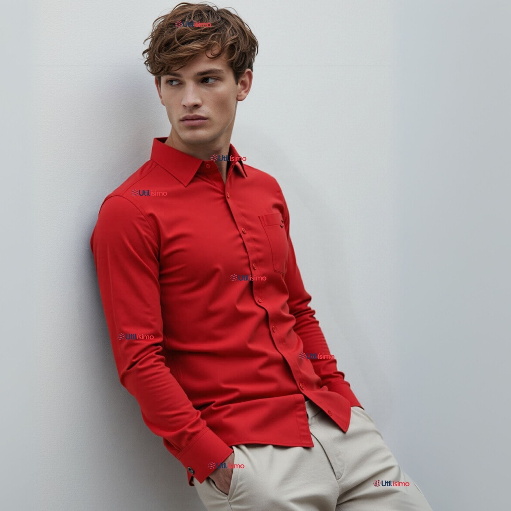 CAMISA CASUAL DE VESTIR MANGA LARGA CUELLO AMERICANO 100% ALGODON ROJO - 1