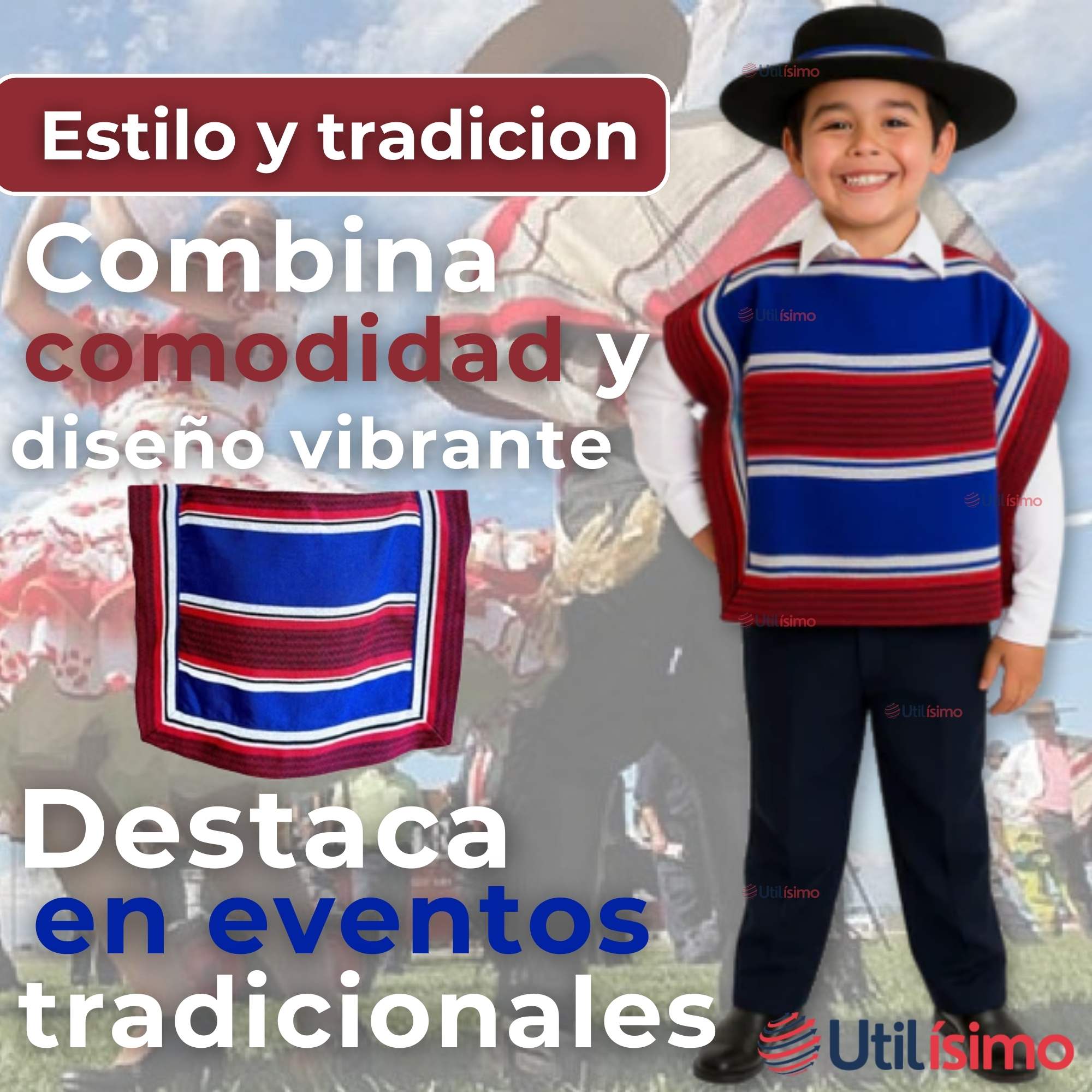 PONCHO MANTA HUASO CUECA FIESTAS PATRIAS PARA NIÑOS - 8