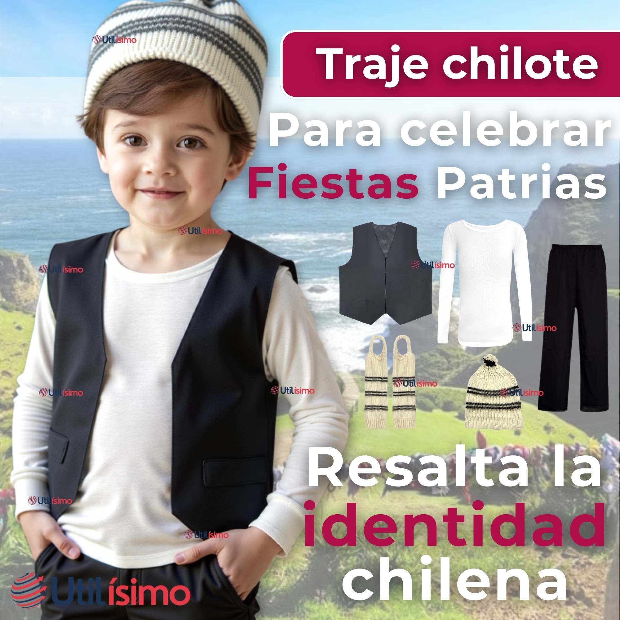 TRAJE CHILOTE INCLUYE POLERA FIESTAS PATRIAS NIÑO CHILE - 4