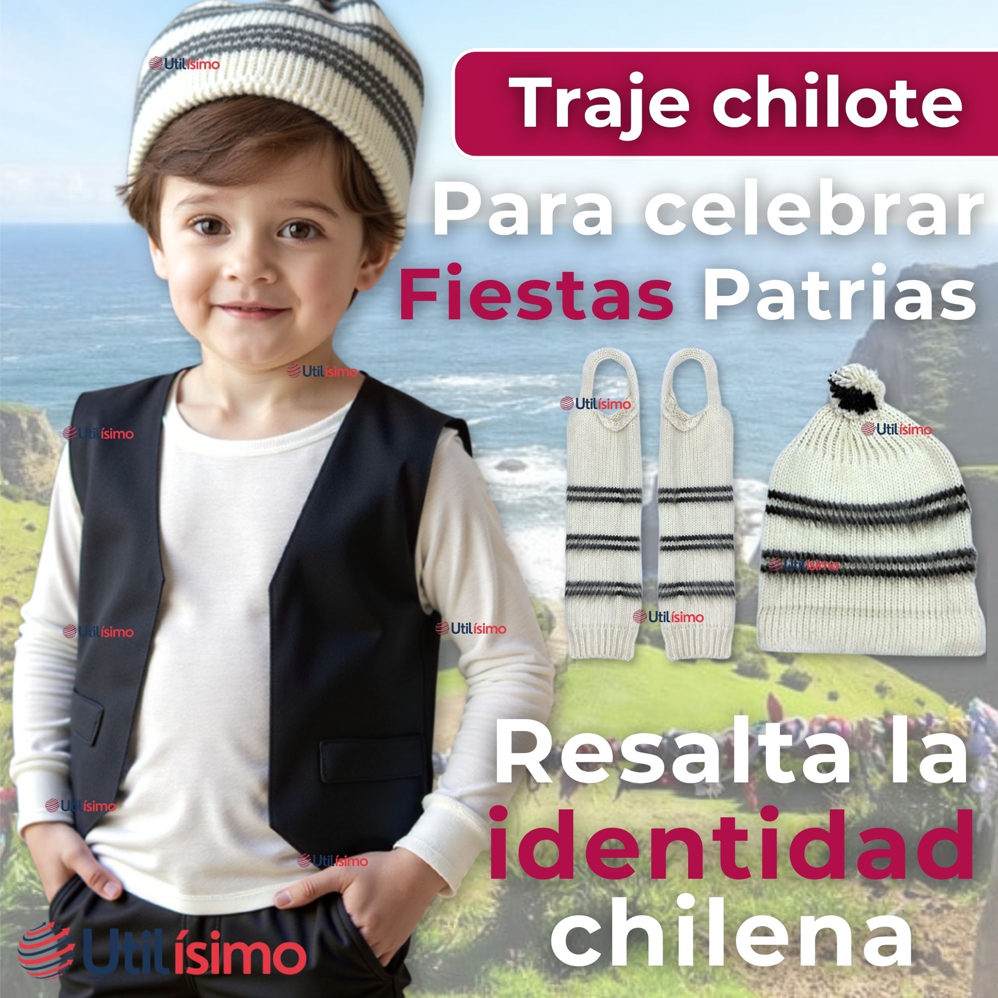 TRAJE CHILOTE GORRO+POLAINAS FIESTAS PATRIAS NIÑO CHILE - 4