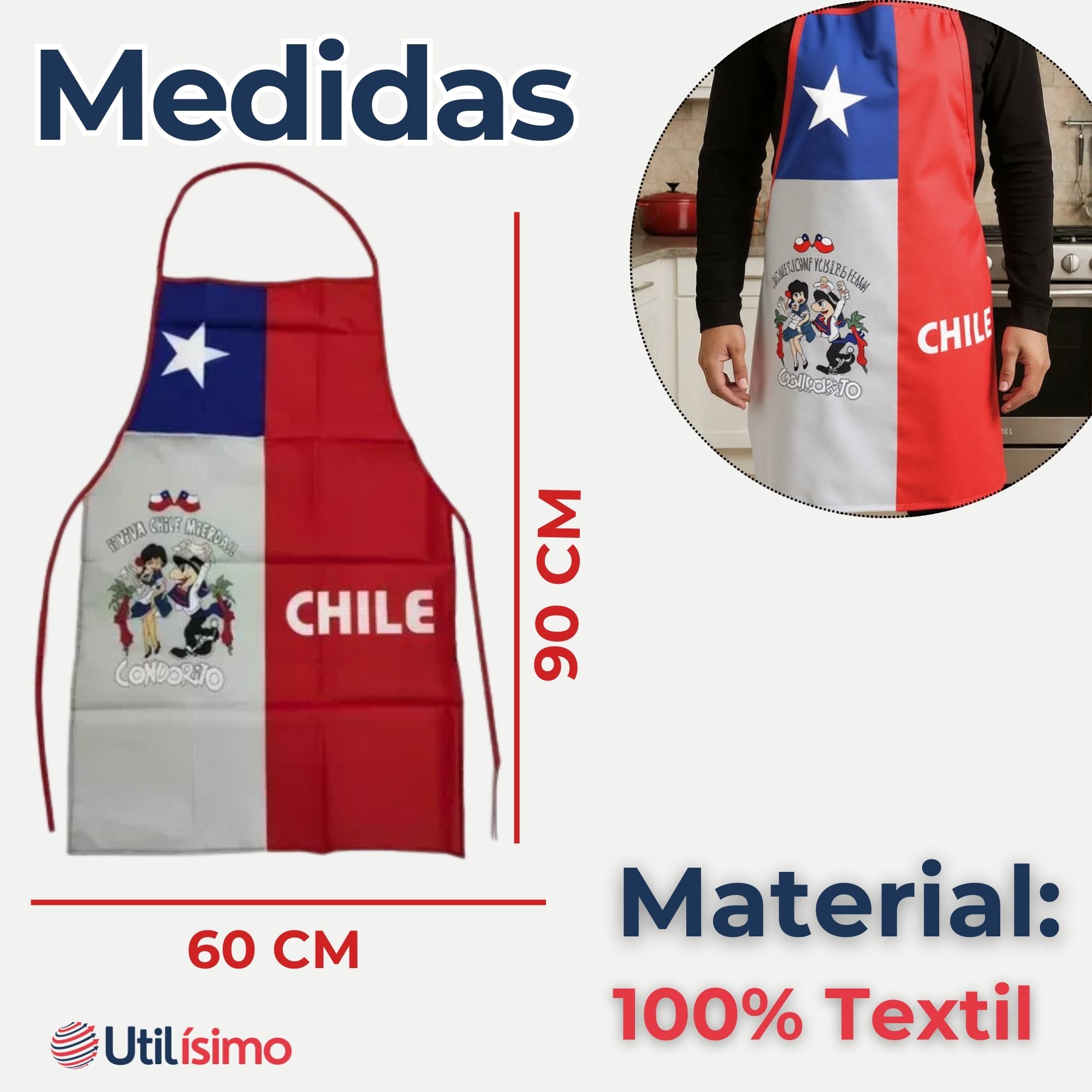 DELANTAL COCINA FIESTAS PATRIAS BANDERA CHILENA 60X90 CM CONDORITO - 3