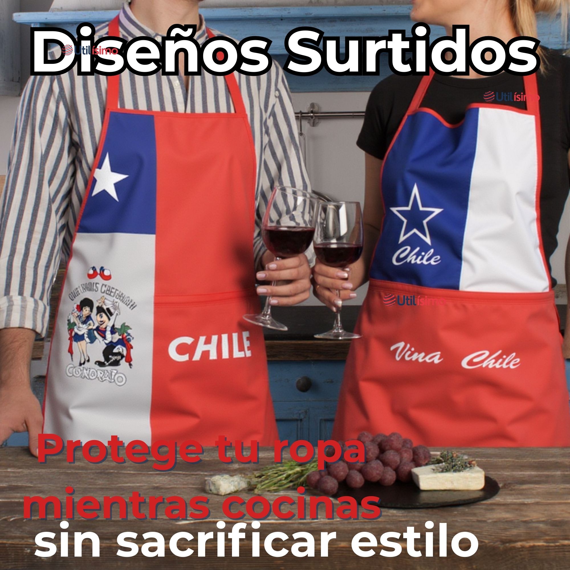 PACK 3 DELANTAL COCINA FIESTAS PATRIAS BANDERA CHILENA 60X90 SURTIDOS - 2