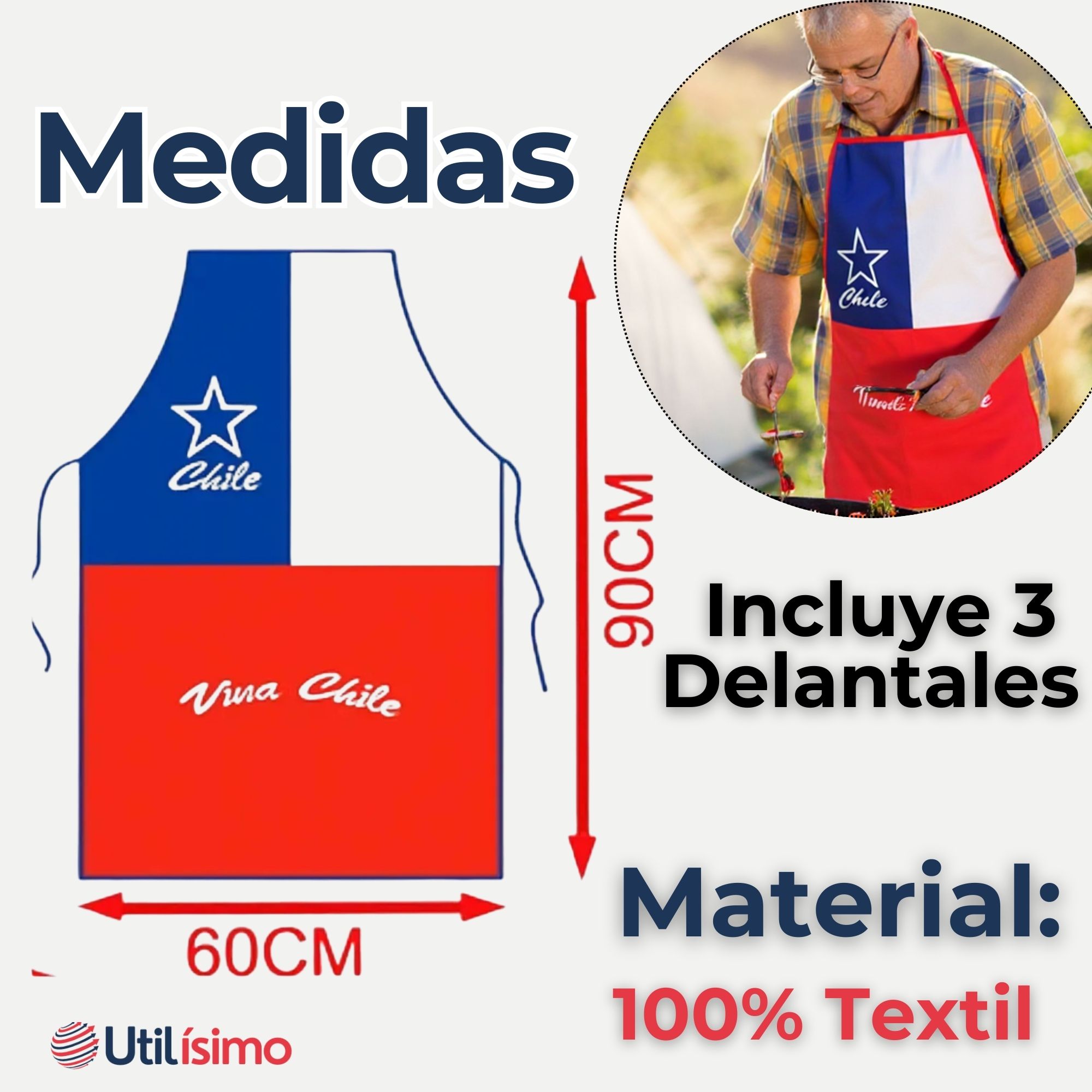 PACK 3 DELANTAL COCINA FIESTAS PATRIAS BANDERA CHILENA 60X90 SURTIDOS - 3