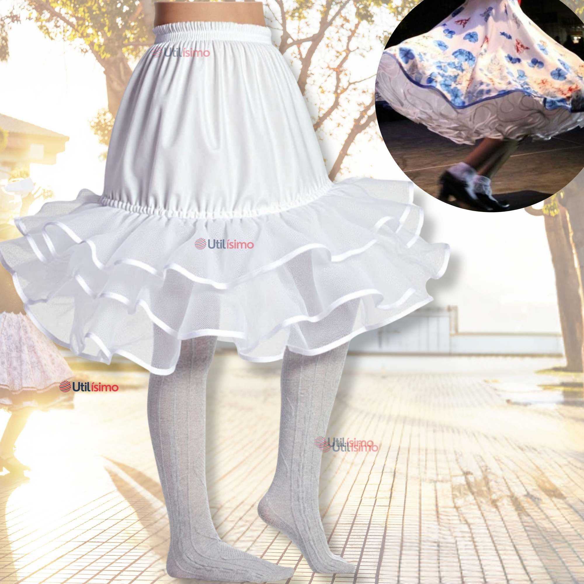 FALSO PARA VESTIDO NIÑA JUVENIL FIESTAS PATRIAS COLOR BLANCO - 1