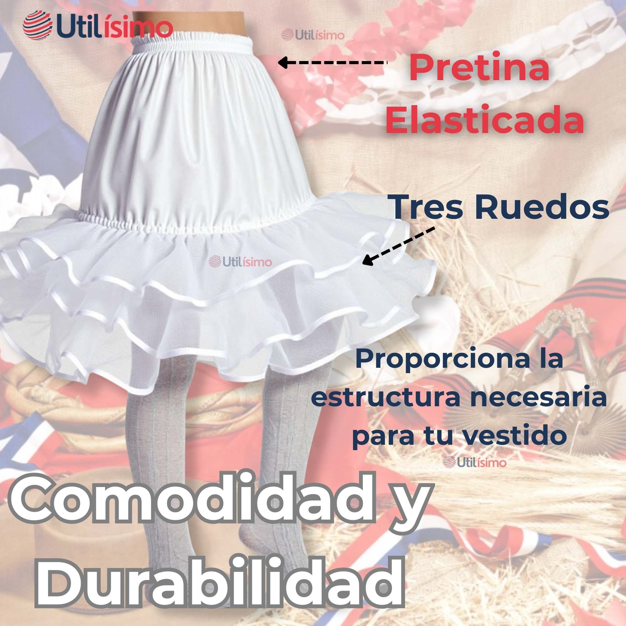 FALSO PARA VESTIDO NIÑA JUVENIL FIESTAS PATRIAS COLOR BLANCO - 4