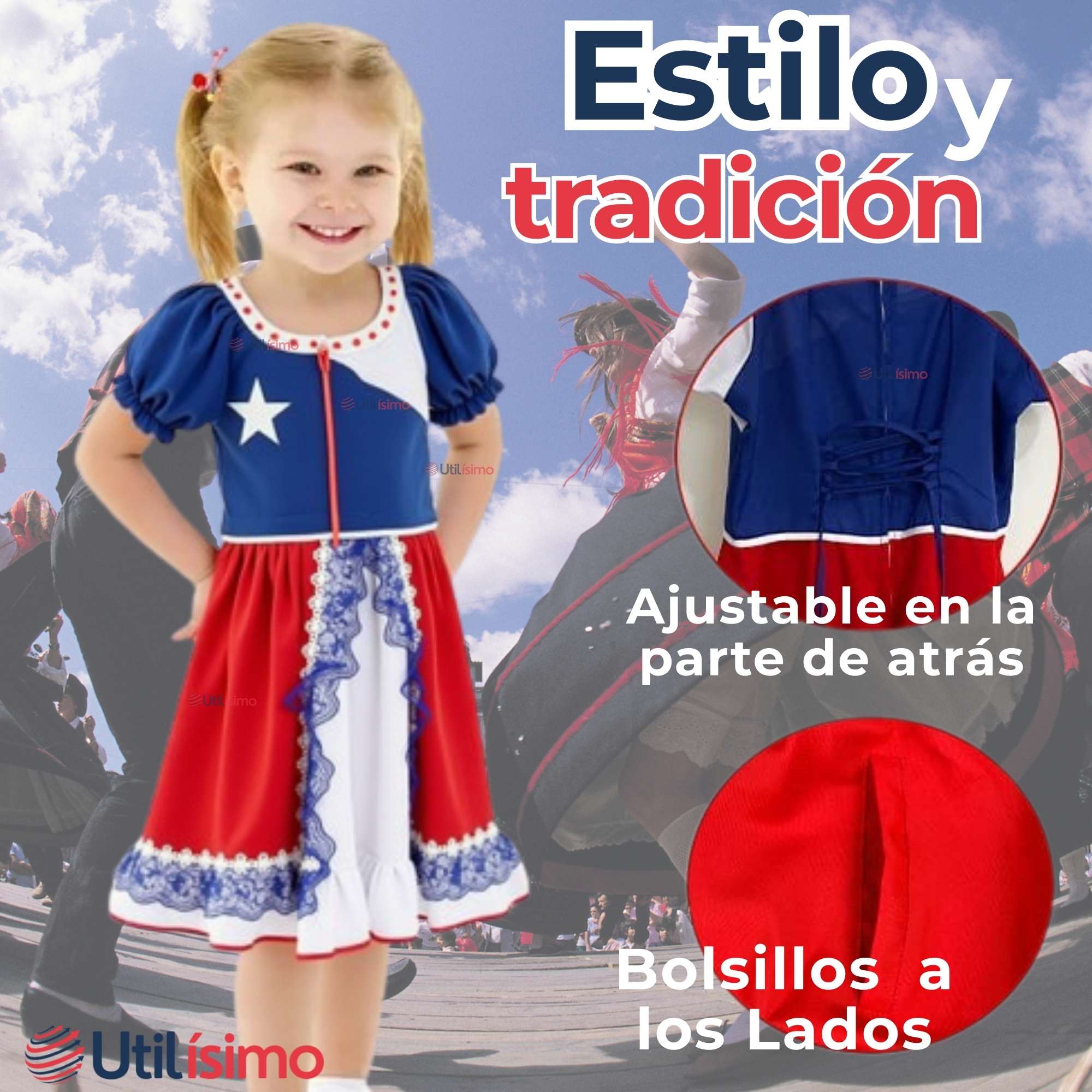 VESTIDO HUASA NIÑA BANDERA CHILENA FIESTAS PATRIAS - 4