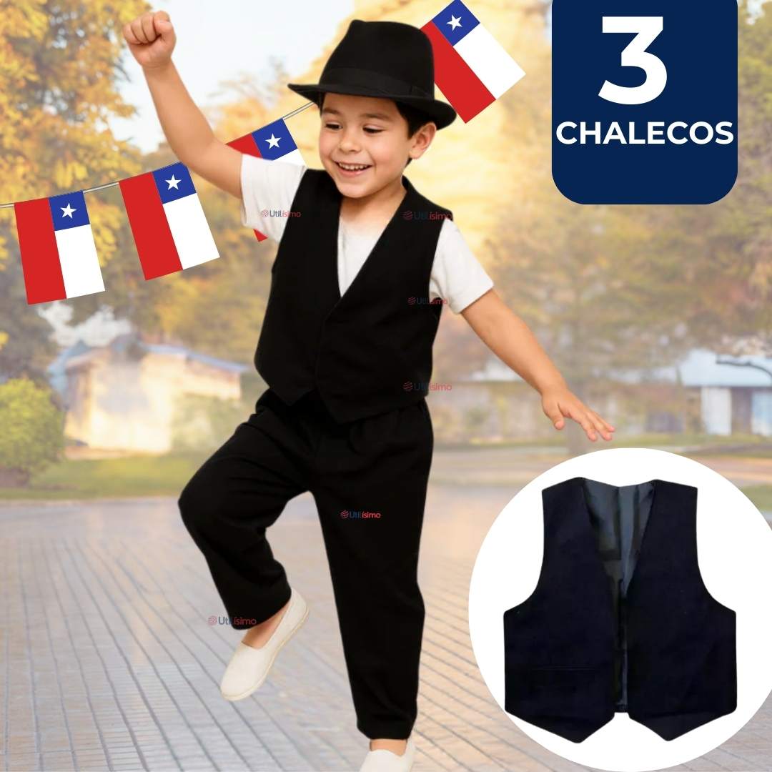 PACK 3 CHALECO BOLERO NORTINO NIÑO JUVENIL FIESTAS PATRIAS NEGRO - 1