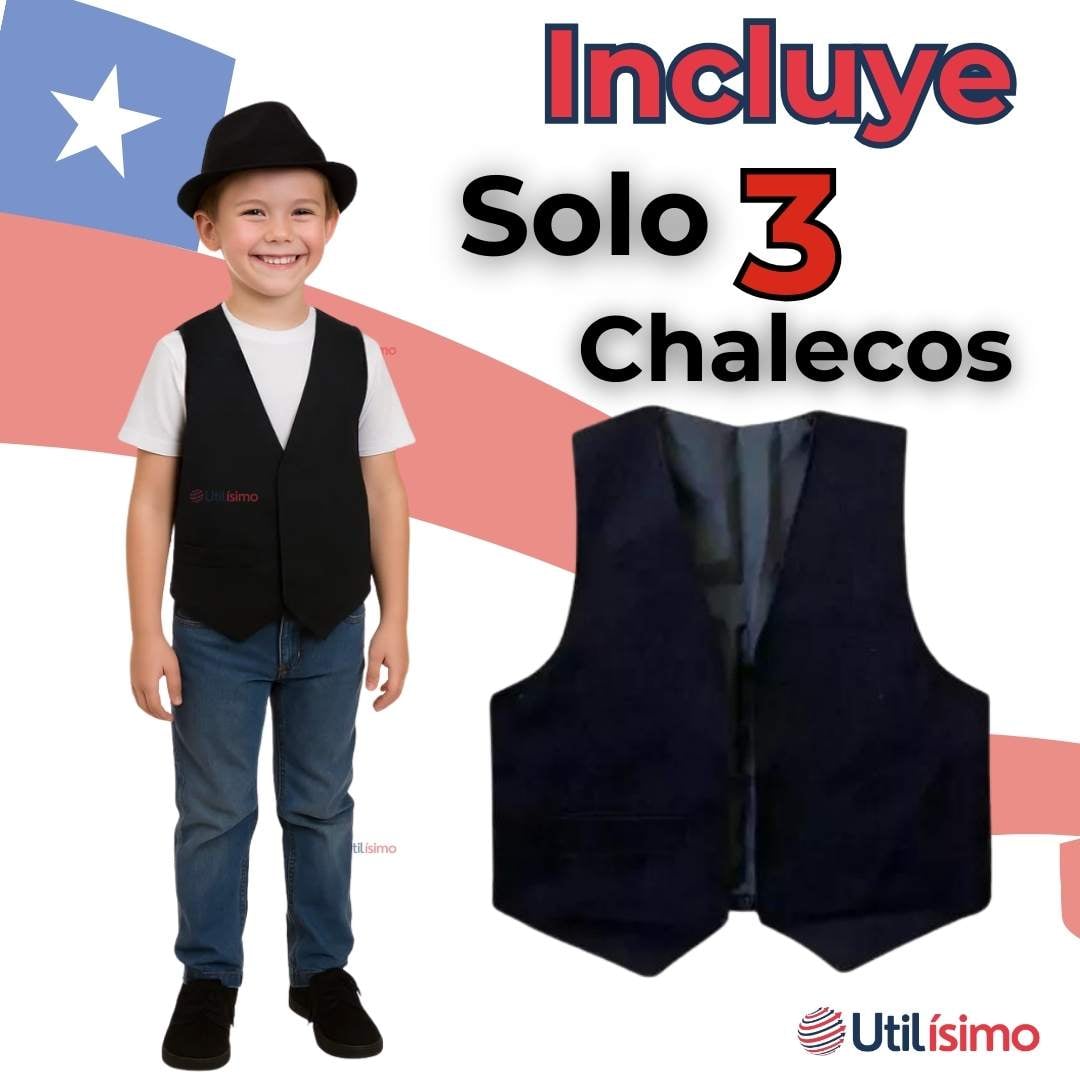 PACK 3 CHALECO BOLERO NORTINO NIÑO JUVENIL FIESTAS PATRIAS NEGRO - 5