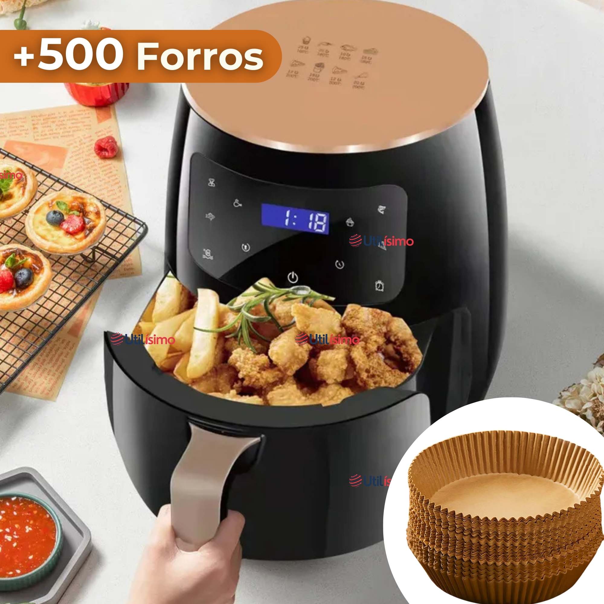 FREIDORA DE AIRE + 500 FORROS ANTIADHERENTE CAPACIDAD 6 LITROS 2400W DE POTENCIA - 6