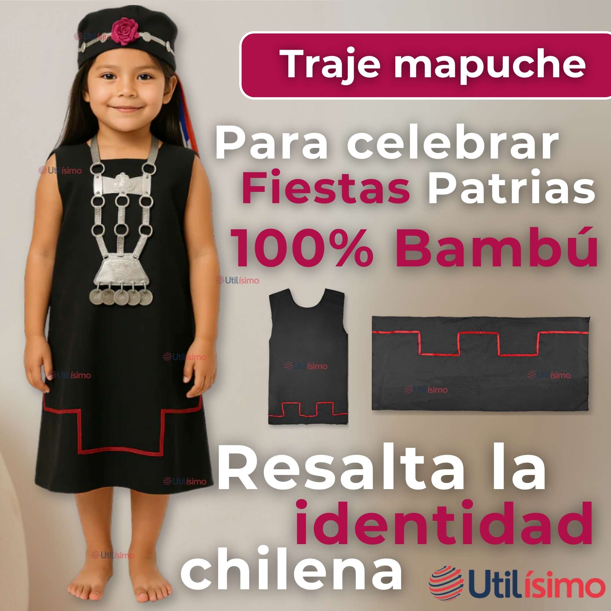 TRAJE VESTIDO MAPUCHE NIÑA INCLUYE TRAPELACUCHA 0 MESES HASTA TALLA S VESTIMENTA TIPICA - 3