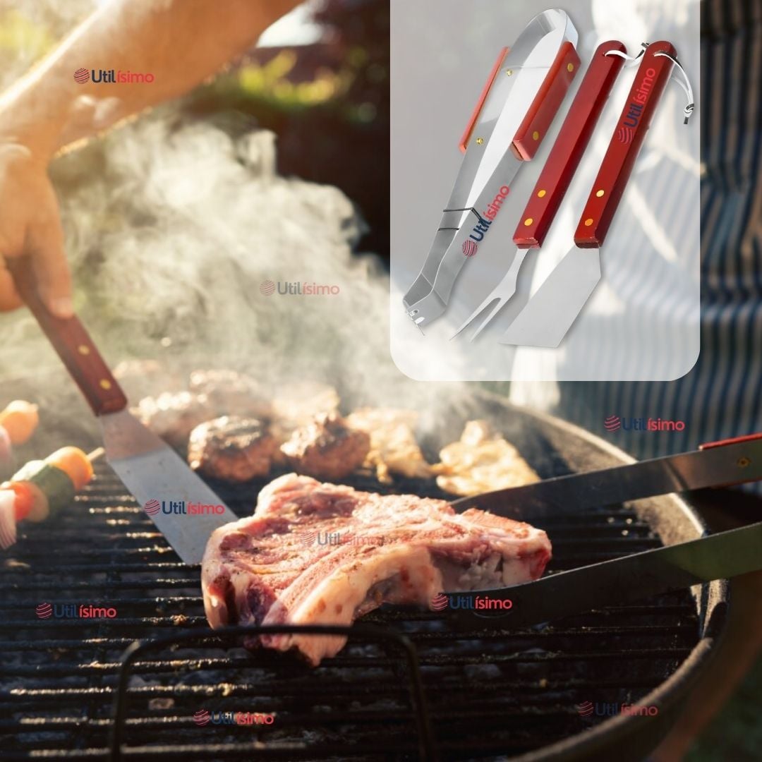 KIT PARRILLERO 3 PIEZAS PINZA ESPATULA TENEDOR PARA ASADOS MANGO MADERA ACERO INOXIDABLE - 1