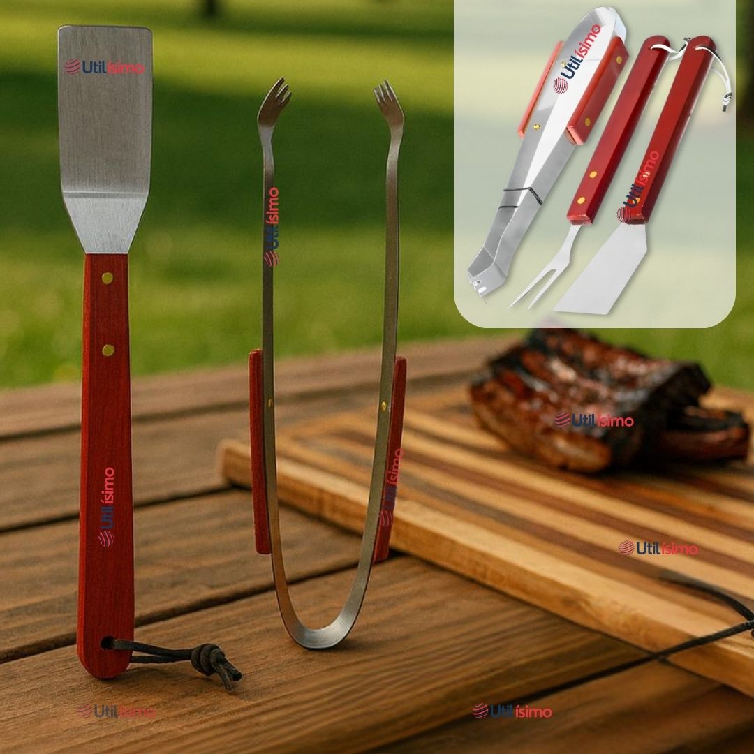 KIT PARRILLERO 3 PIEZAS PINZA ESPATULA TENEDOR PARA ASADOS MANGO MADERA ACERO INOXIDABLE - 1