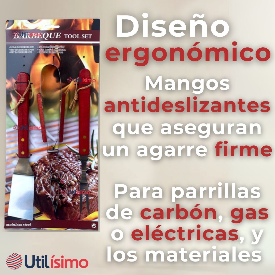 KIT PARRILLERO 3 PIEZAS PINZA ESPATULA TENEDOR PARA ASADOS MANGO MADERA ACERO INOXIDABLE - 3