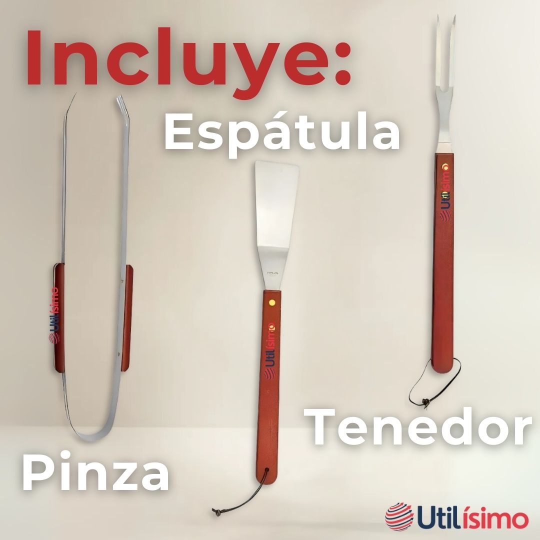 KIT PARRILLERO 3 PIEZAS PINZA ESPATULA TENEDOR PARA ASADOS MANGO MADERA ACERO INOXIDABLE - 4