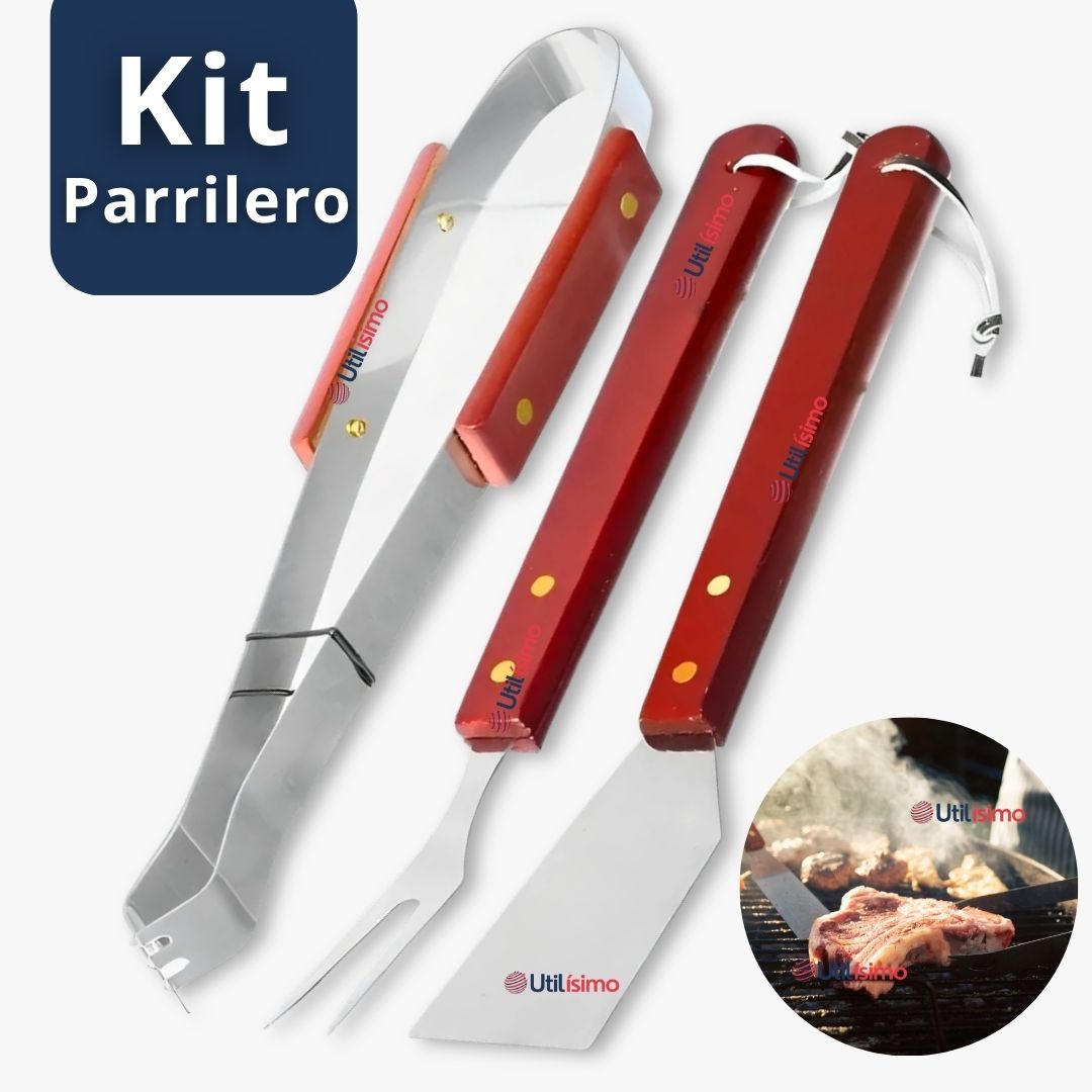 KIT PARRILLERO 3 PIEZAS PINZA ESPATULA TENEDOR PARA ASADOS MANGO MADERA ACERO INOXIDABLE - 1