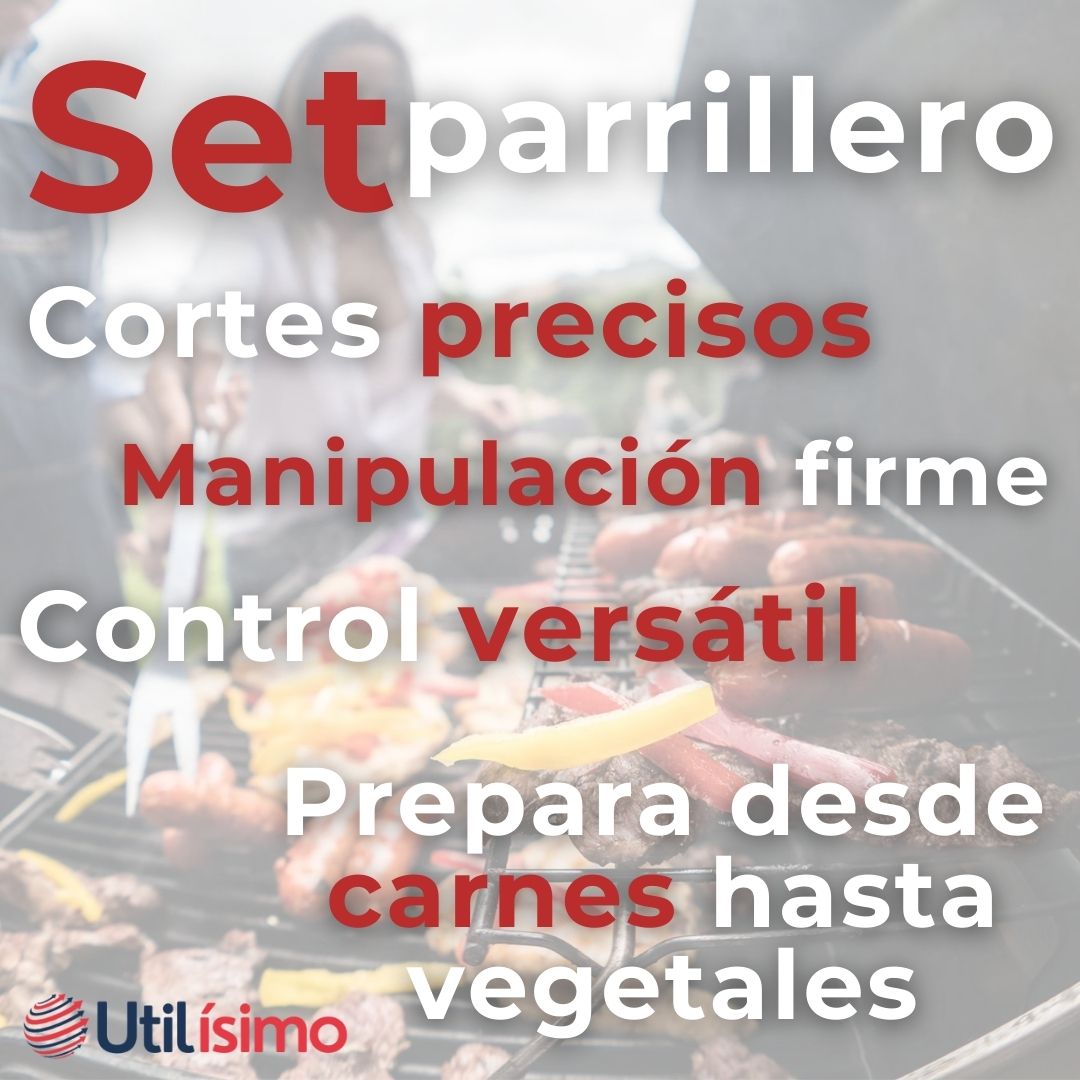 KIT PARRILLERO 3 PIEZAS PINZA ESPATULA TENEDOR PARA ASADOS MANGO MADERA ACERO INOXIDABLE - 2