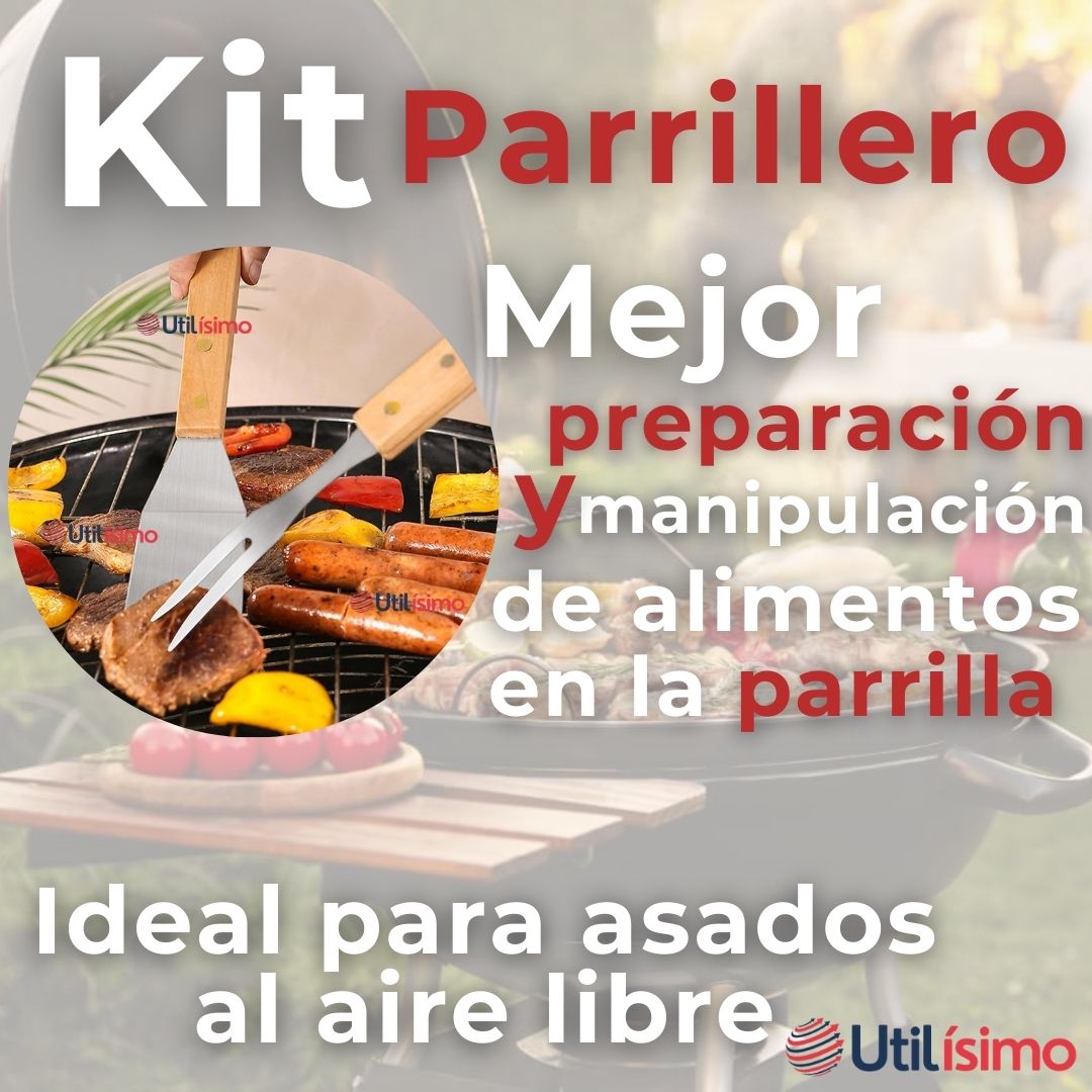 KIT PARRILLERO 3 PIEZAS PINZA ESPATULA TENEDOR PARA ASADOS MANGO MADERA ACERO INOXIDABLE - 5