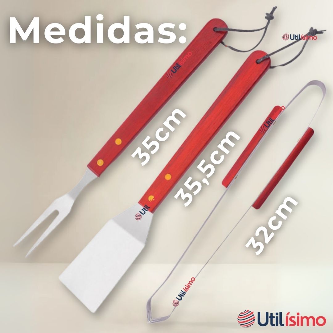 KIT PARRILLERO 3 PIEZAS PINZA ESPATULA TENEDOR PARA ASADOS MANGO MADERA ACERO INOXIDABLE - 6