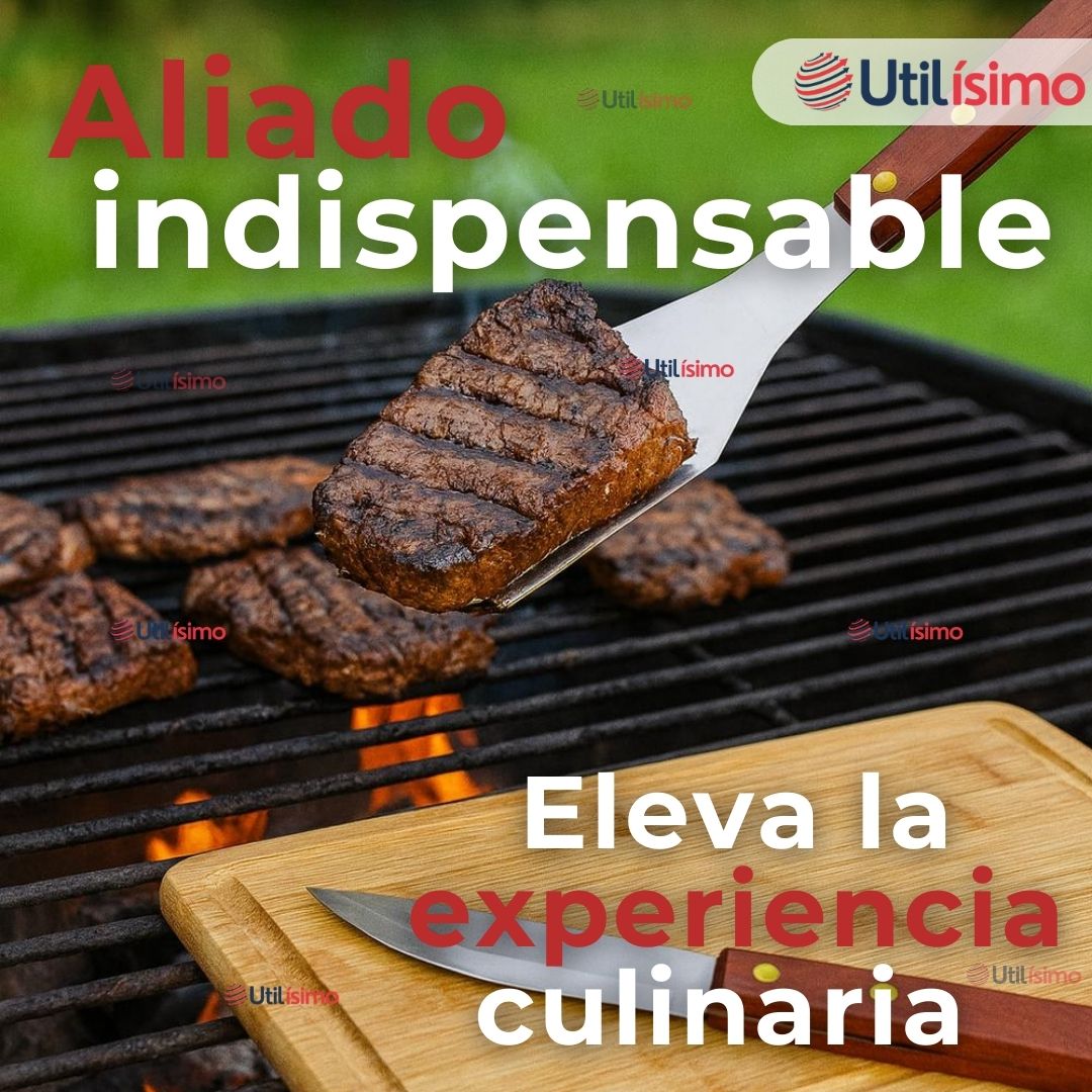 KIT PARRILLERO 3 PIEZAS PINZA ESPATULA TENEDOR PARA ASADOS MANGO MADERA ACERO INOXIDABLE - 7