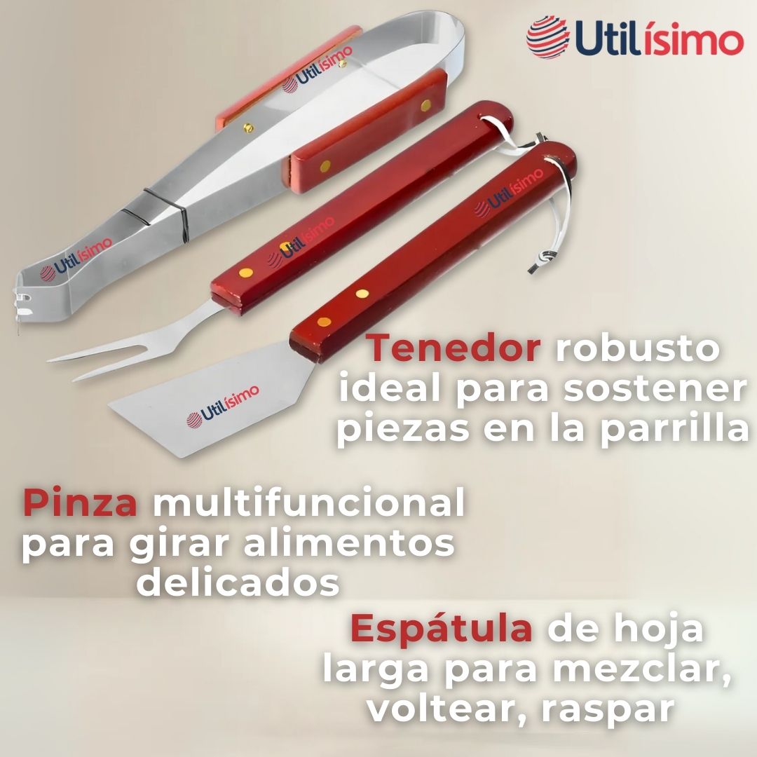 KIT PARRILLERO 3 PIEZAS PINZA ESPATULA TENEDOR PARA ASADOS MANGO MADERA ACERO INOXIDABLE - 8