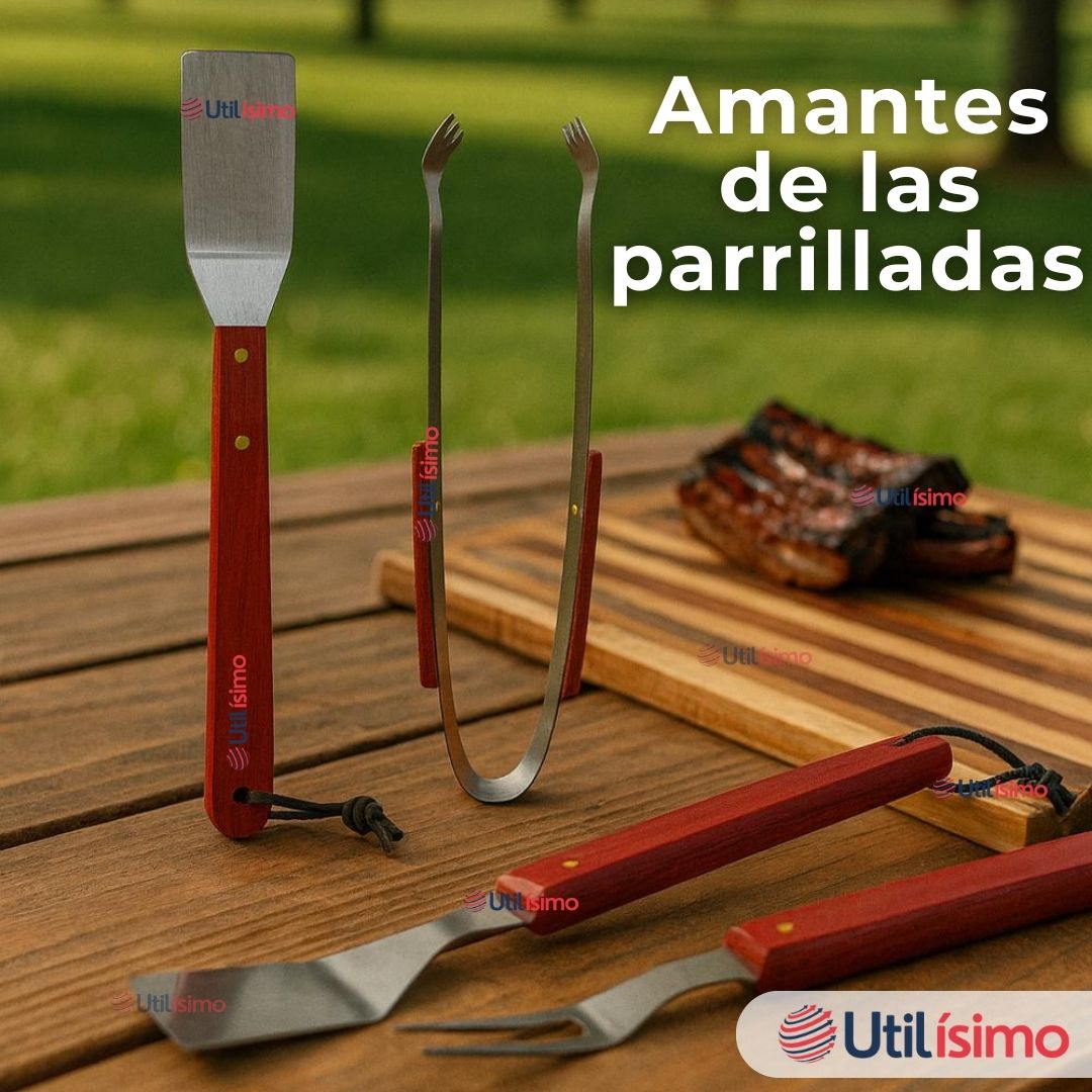 KIT PARRILLERO 3 PIEZAS PINZA ESPATULA TENEDOR PARA ASADOS MANGO MADERA ACERO INOXIDABLE - 10