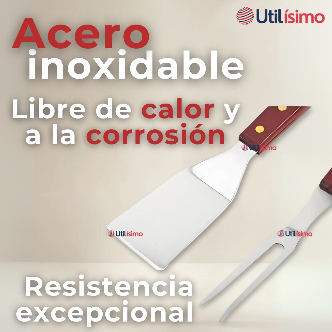 KIT PARRILLERO 3 PIEZAS PINZA ESPATULA TENEDOR PARA ASADOS MANGO MADERA ACERO INOXIDABLE - 11