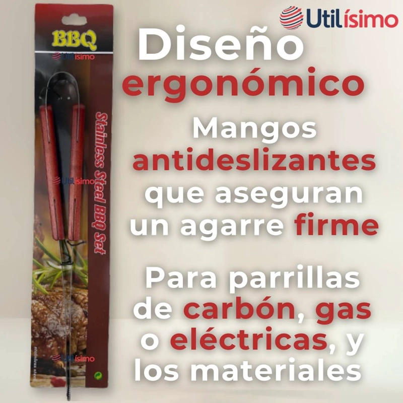 PINZAS PARA PARRILLA Y COCINA ACERO INOXIDABLE MANGO MADERA - 4
