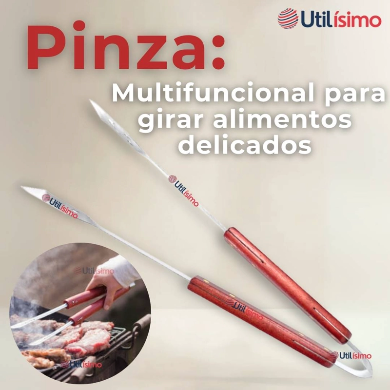 PINZAS PARA PARRILLA Y COCINA ACERO INOXIDABLE MANGO MADERA - 9