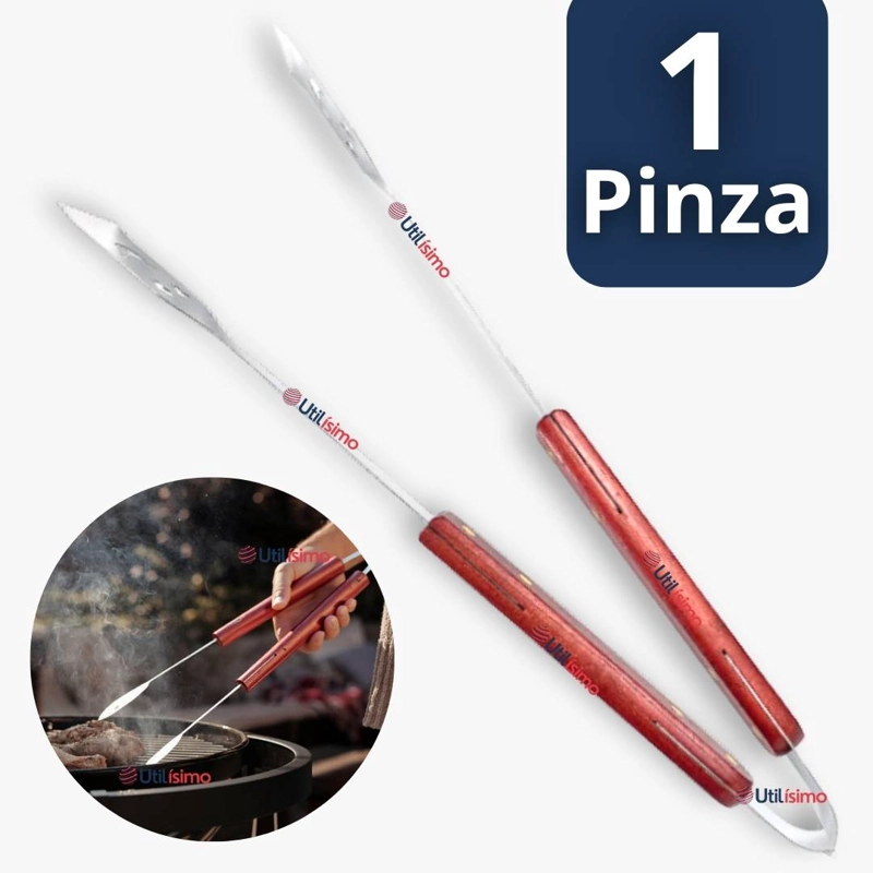 PINZAS PARA PARRILLA Y COCINA ACERO INOXIDABLE MANGO MADERA - 1