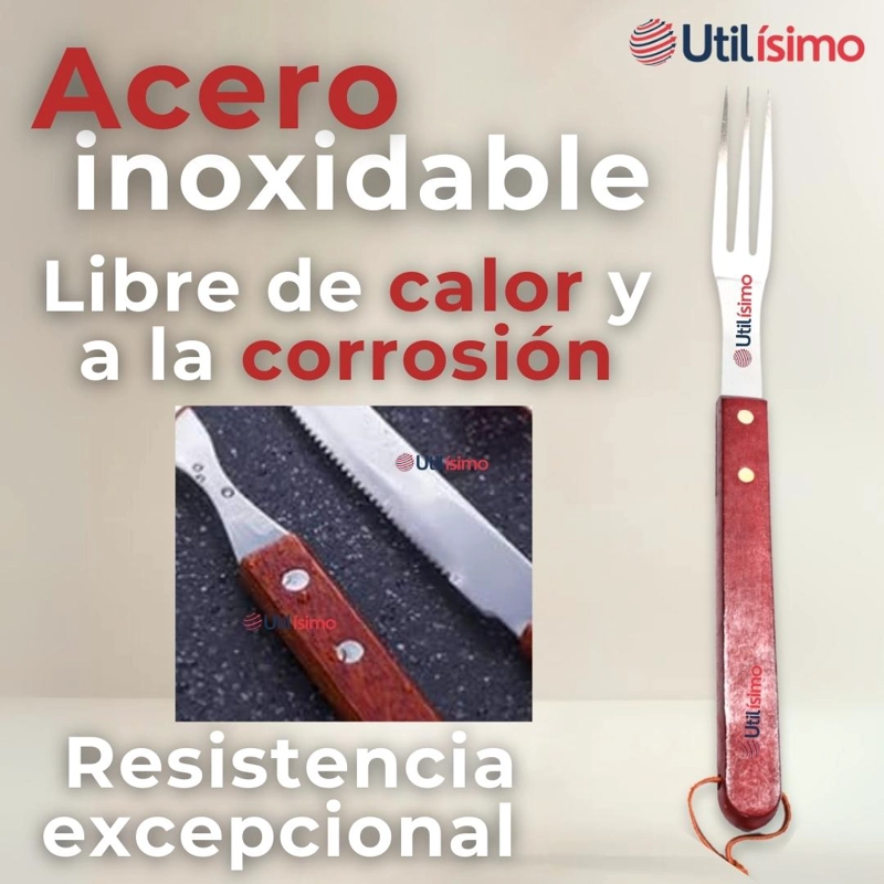SET CUCHILLO + TENEDOR PARA PARRILLAS Y ASADOS ACERO INOXIDABLE - 9