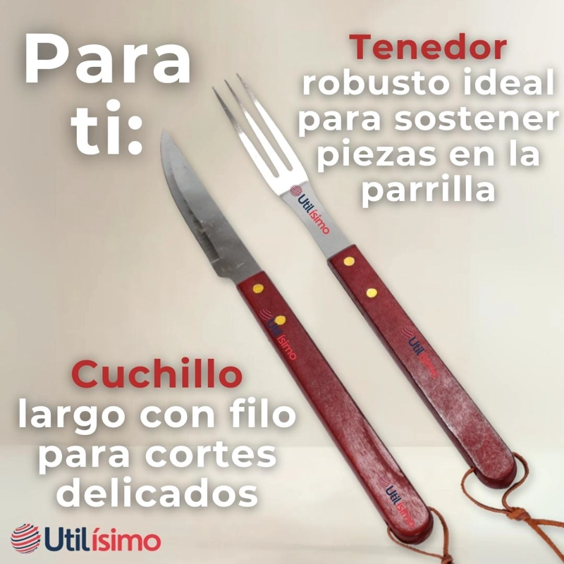 SET CUCHILLO + TENEDOR PARA PARRILLAS Y ASADOS ACERO INOXIDABLE - 6