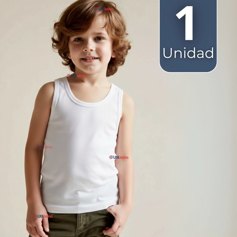 CAMISETA SIN MANGA BASICA SUAVE 100% ALGODON BLANCO NIÑO - 1