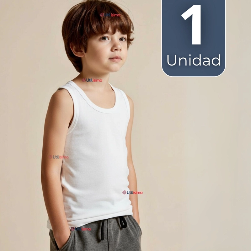 CAMISETA SIN MANGA BASICA SUAVE 100% ALGODON BLANCO NIÑO - 1