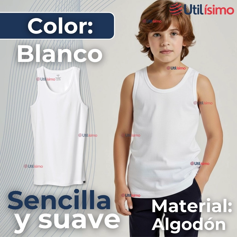 CAMISETA SIN MANGA BASICA SUAVE 100% ALGODON BLANCO NIÑO - 4